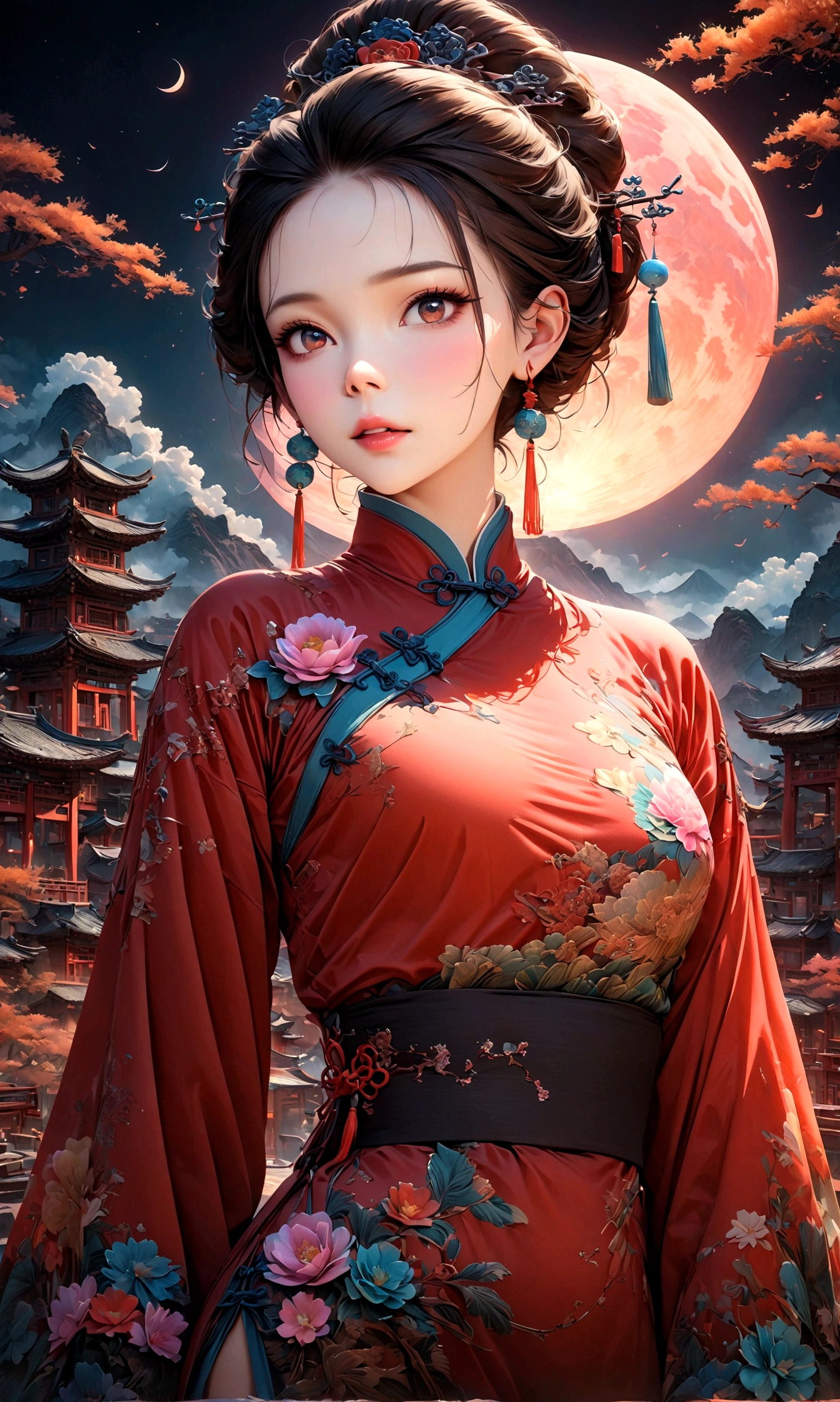 A fantastic view of Chinatown,赤い提灯の温かいLight,Modern and historic,Fantastic and dreamy landscape,Light,風景の中にChinese clothingの女性が1人います,She is charming and beautiful、まるで上海のnightを象徴するかのようです,Realistic skin texture,Photorealistic,BREAK,豪華な刺繍が施されたChinese clothing,A masterpiece created by designers,The best configuration,Light and Dark,BREAK,,(masterpiece:1.3),(highest quality:1.4),(ultra detailed:1.5),High resolution,extremely detailed,unity 8k wallpaper,Intricate details,Wide range of colors,artwork,rendering,(masterpiece:1.3),(highest quality:1.4),(Super detailed:1.5),High resolution,Very detailed,unity 8k wallpaper,Draw artistic background,Chinese style,Traditional,Absurd beauty,Zentangle,幻想的で美しいnightのチャイナタウン,night,美しいLightと影,Sparkling,Chinese clothing
