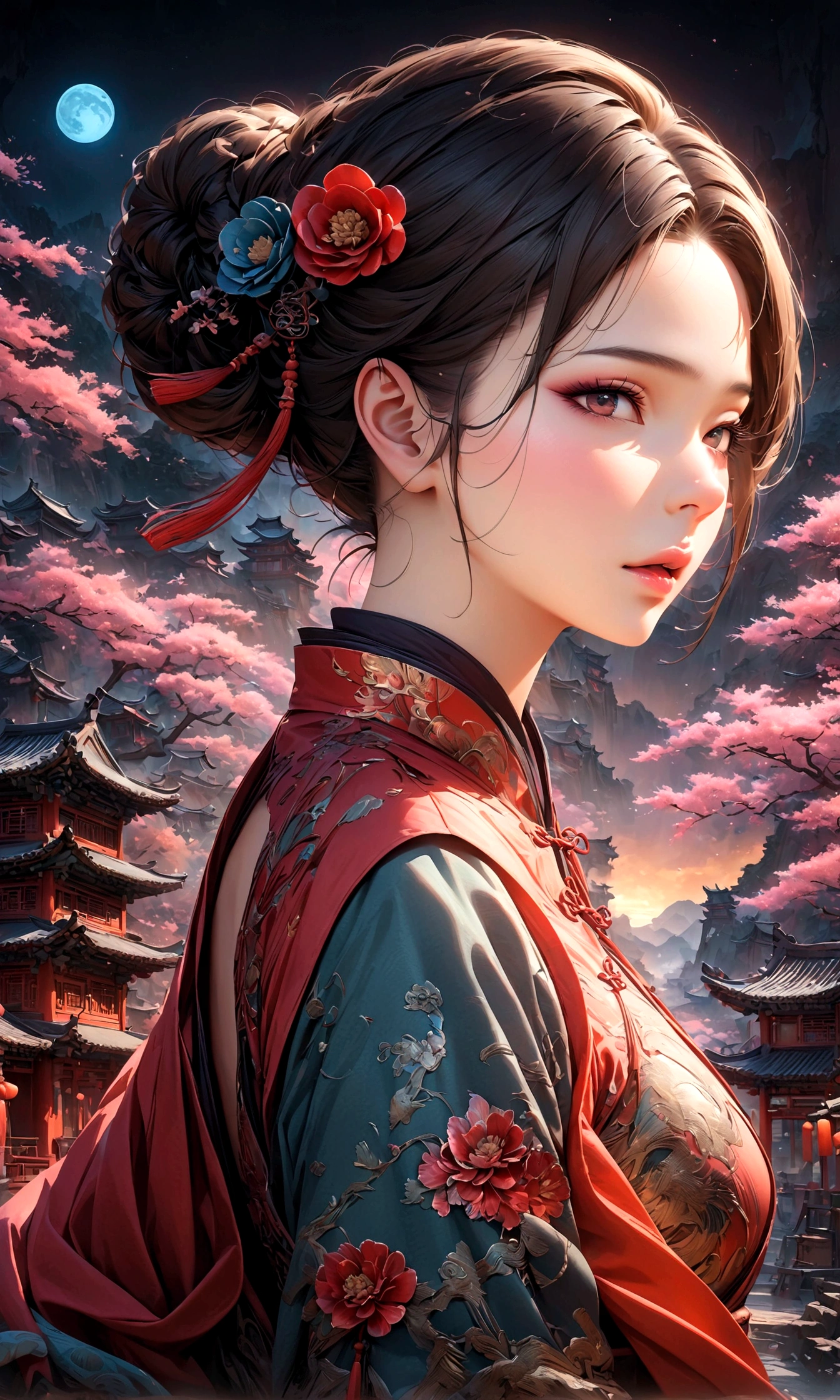 A fantastic view of Chinatown,赤い提灯の温かいLight,Modern and historic,Fantastic and dreamy landscape,Light,風景の中にChinese clothingの女性が1人います,She is charming and beautiful、まるで上海のnightを象徴するかのようです,Realistic skin texture,Photorealistic,BREAK,豪華な刺繍が施されたChinese clothing,A masterpiece created by designers,The best configuration,Light and Dark,BREAK,,(masterpiece:1.3),(highest quality:1.4),(ultra detailed:1.5),High resolution,extremely detailed,unity 8k wallpaper,Intricate details,Wide range of colors,artwork,rendering,(masterpiece:1.3),(highest quality:1.4),(Super detailed:1.5),High resolution,Very detailed,unity 8k wallpaper,Draw artistic background,Chinese style,Traditional,Absurd beauty,Zentangle,幻想的で美しいnightのチャイナタウン,night,美しいLightと影,Sparkling,Chinese clothing