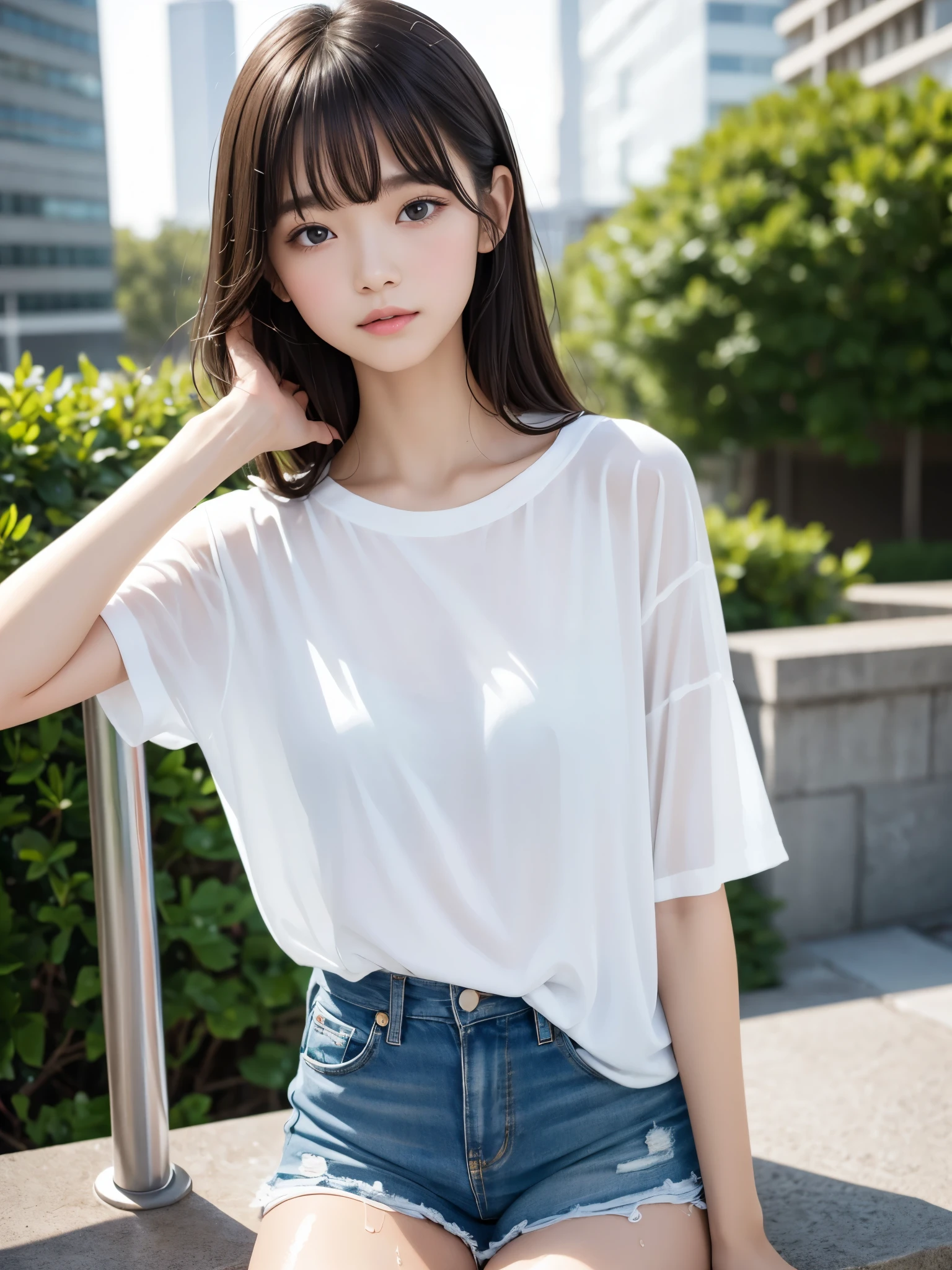 highest quality,Photo quality,Ultra-high resolution,Professional Lighting,,Beautiful face like an actress,With bangs,Sexy shorts:1.2、Amazingly cute、The white T-shirt is wet from the rain and is transparent、ブラジャーが透けて見えている、
