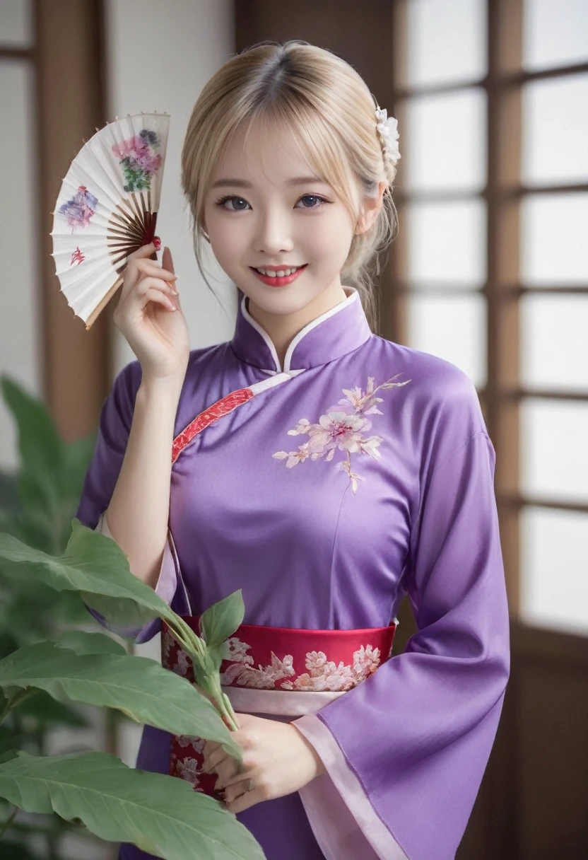 1girl, solo, purple chinese clothes, Cheongsam, blonde hair, looking at viewer, smile, blue eyes, hand, fan, hand on hip, flower, plant, realistic,
