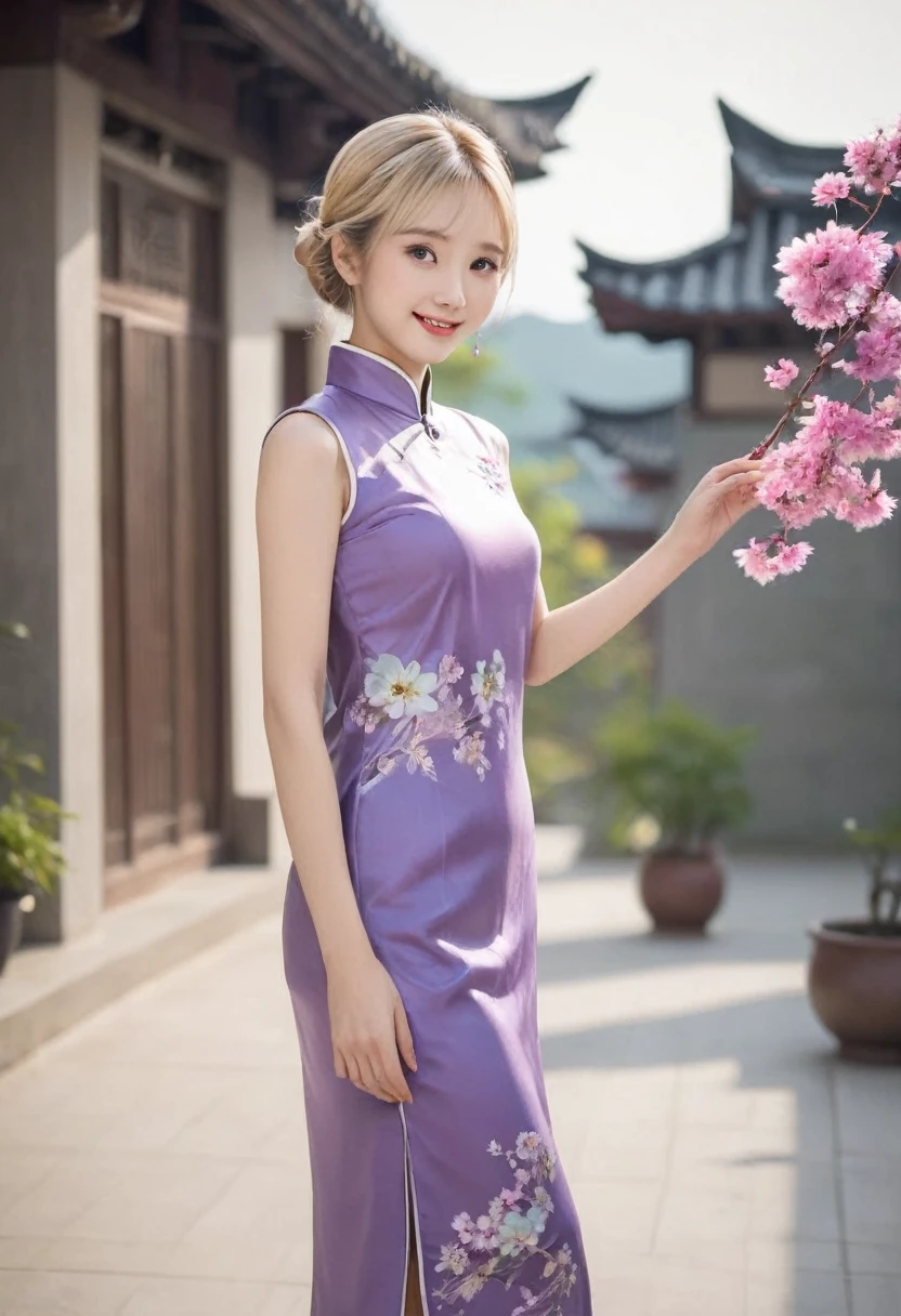 1girl, solo, purple chinese clothes, Cheongsam, blonde hair, looking at viewer, smile, blue eyes, hand, fan, hand on hip, flower, plant, realistic,