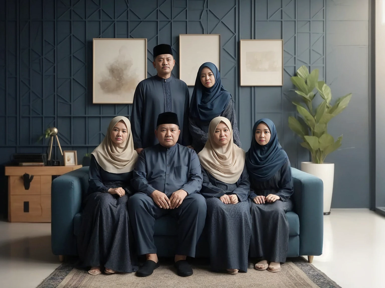 Studio Photography, Indonesian family, 5 members, a slightly overweight father and mother aged 50, sitting on a sofa, with one daughter aged 37, and 1 adult man (slightly overweight) and 2 adult women standing behind. They are compact in wearing navy Muslim clothes and luxurious Sharia robes in matching colors. Sets at studio with modern abstract navy patterned walls background, realistic photo, daylight, green vase, best photography, white minimalist living room, uhd, 32k