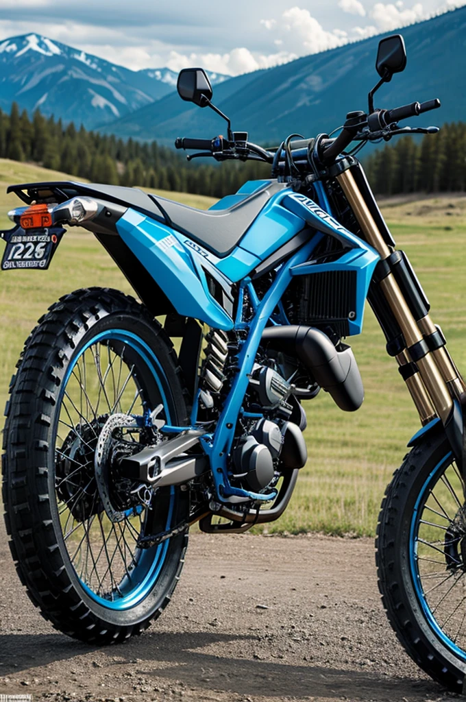 Black blue enduro motorcycle with pastel blue fenders