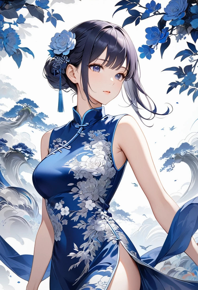 Wearing indigo cheongsam(Long silk cheongsam in color and silver embroidered flowers )Oriental beautiful girl with perfect anatomy beautiful elegant art masterpiece background is(minimalist abstract plane)Abstract blurred giant leaf oriental ink painting style clean clear colors super detailed animation art perfect composition intricate details meticulous digital art