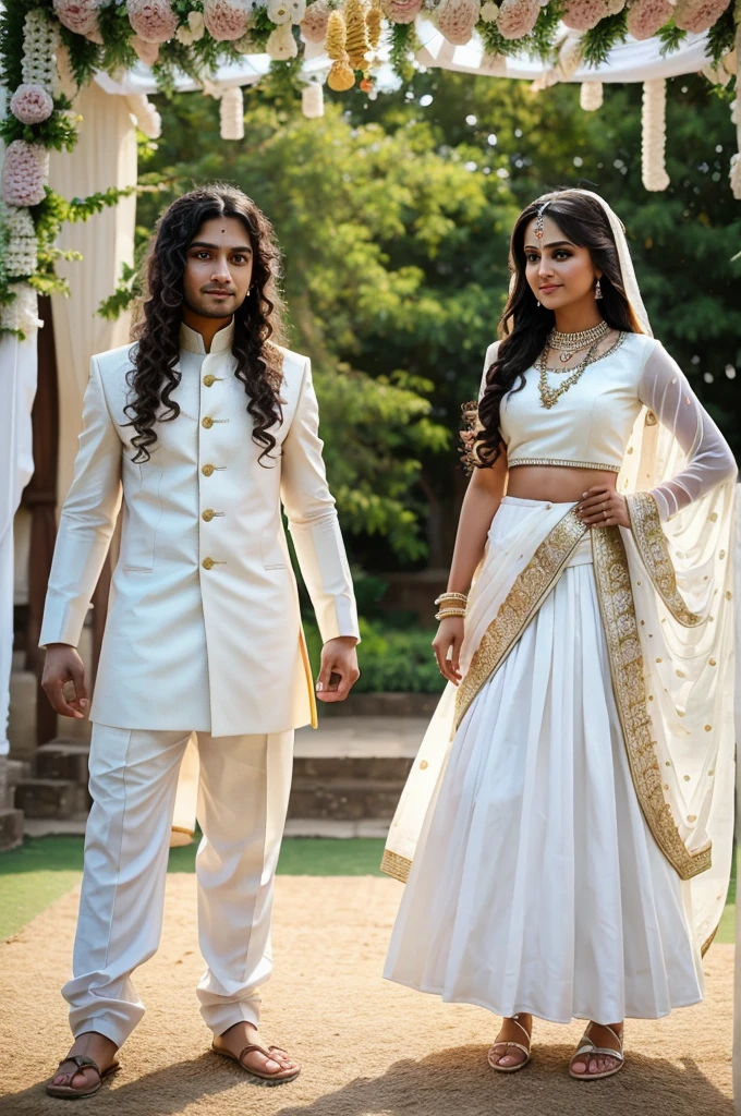 Create a couple photo of boy and girl having same height boy with curly hair and girl with long hair till thigh and both are getting married in white outfit a proper traditional Gujarati Indian wedding
