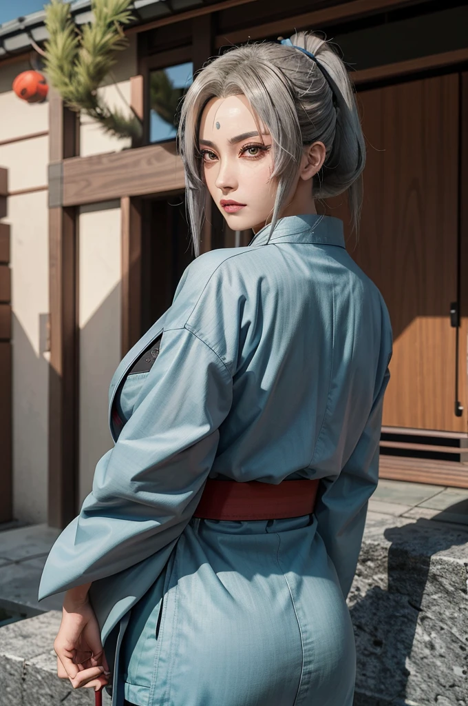 Tsunade Senju, Bela, ​masterpiece, extremely detaild, best qualityer, best ilumination, best shade, face perfect, shiny brown eyes, blue mark on forehead, wearing a gray kimono with a red belt and a green jacket, 1 girl, big boobies, big-ass, leaning forward looking at the viewer, em konoha,