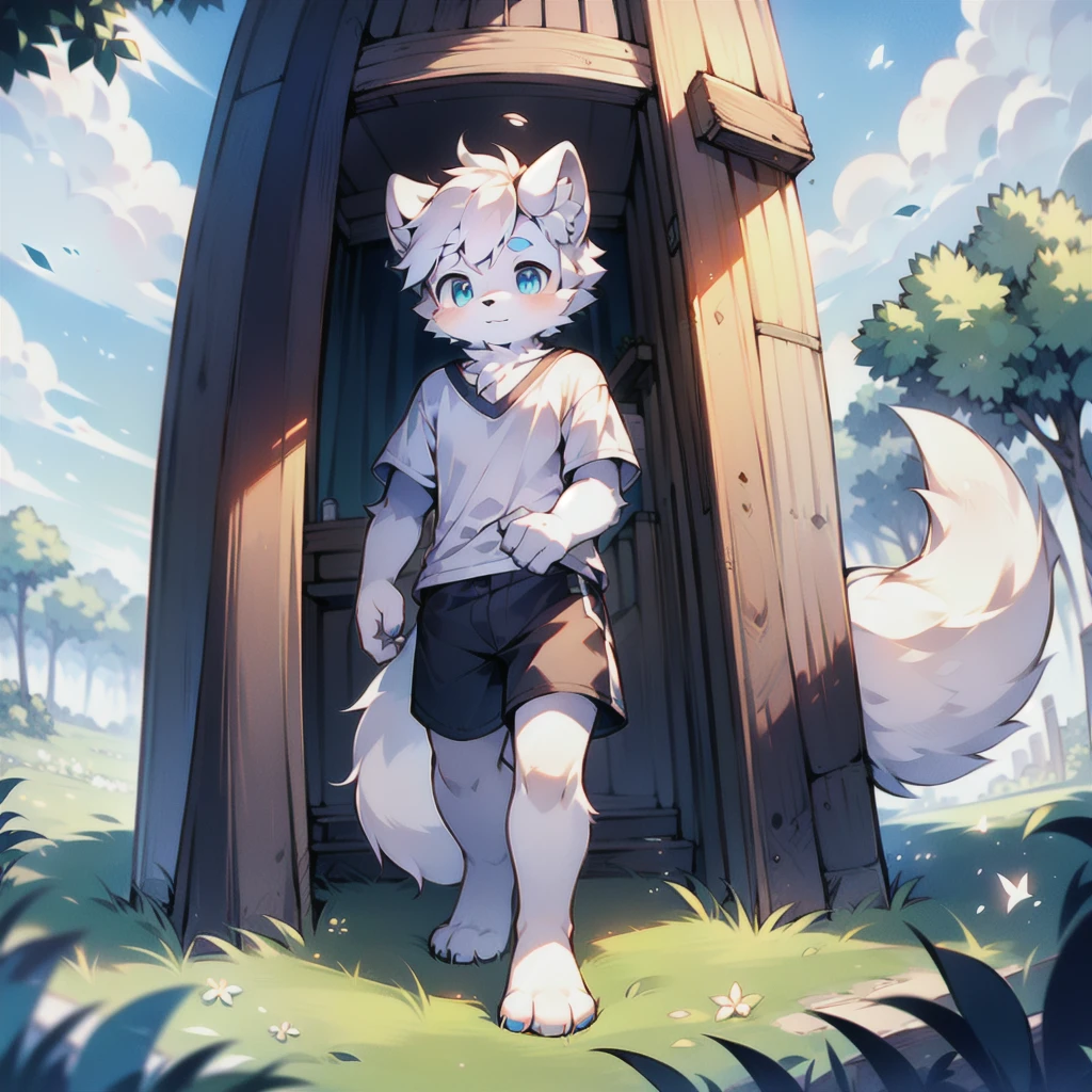 （（best quality，high resolution，masterpiece））Boys have strong sexual desire，Furry arctic fox，Cute face，Extremely fine fur，Soft white hair，（（White short sleeves，Black shorts）），（（Only grass in the background）），panoramic，one person，Standing，Beautiful delicate blue eyes，A strand of white bangs