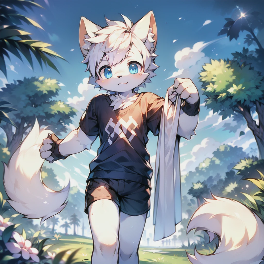 （（best quality，high resolution，masterpiece））Boys have strong sexual desire，Furry arctic fox，Cute face，Extremely fine fur，Soft white hair，（（White short sleeves，Black shorts）），（（Only grass in the background）），panoramic，one person，Standing，Beautiful delicate blue eyes，A strand of white bangs