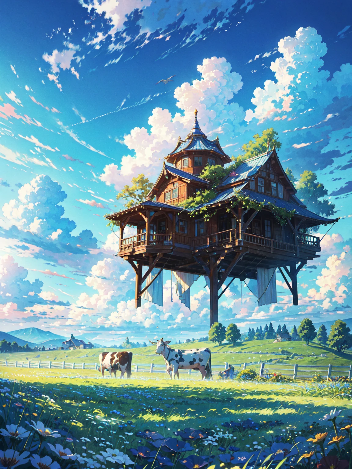 Dancing in the blue sky(Leviathan:1.1),Vision,Calm day, Detailed Clouds, field, Grazing cows, flower, A house far away, fence, wood,well