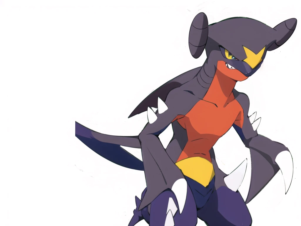 garchomp, 独奏, アニメ, smile, closed mouth, looking at viewer, forest, bush,Redraw it with a thin and beautiful anime drawing、Don't change the design