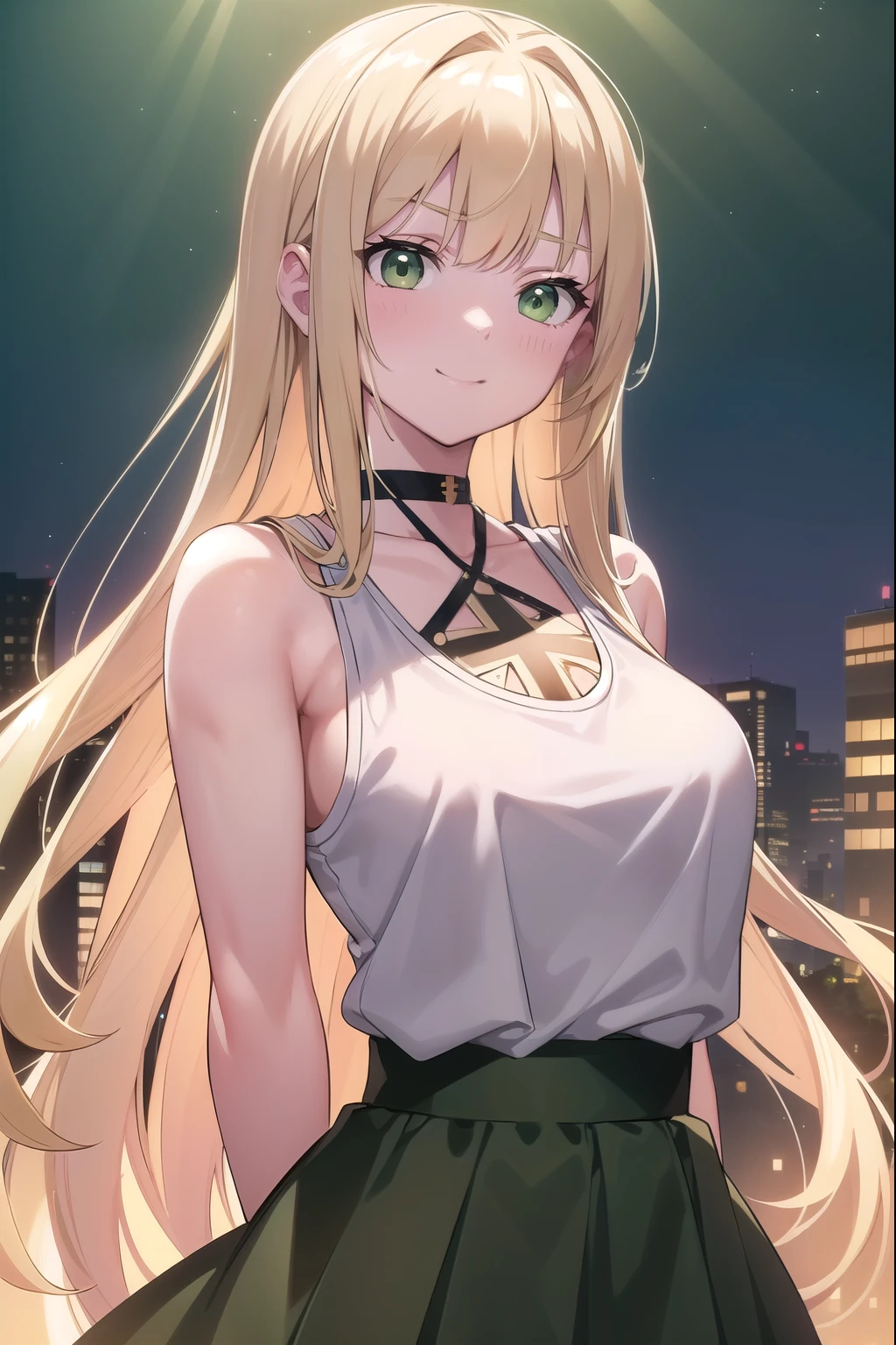 Blonde Hair, choker, (Green Eyes:1.5), Long Hair, dress, skirt, blush, blush stickers, Cross your arms behind your back, Arms folded behind back, Tank top, underwear visible underneath the tank top, break looking at viewer, break outdoors, city, break (masterpiece:1.2), highest quality, High resolution, unity 8k wallpaper, (figure:0.8), (Beautiful fine details:1.6), Highly detailed face, Perfect lighting, Highly detailed CG, (Perfect hands, Perfect Anatomy),smile,