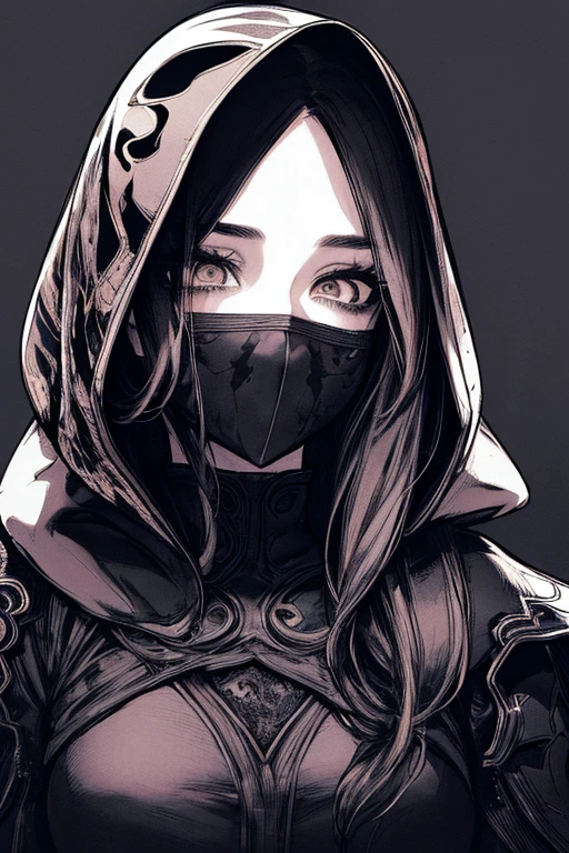 Highest quality, (Background details), High Contrast, Very beautiful woman, Detailed original illustrations、functional、Ninja、Ninja costume、Face hood、mask、Delicate face、attractive、Villainess、sexy、Real breasts、Crazy Smile, Crazy Eyes,  Head close-up, Black background, (Black background: 1.5), Beautiful line art、Monochrome