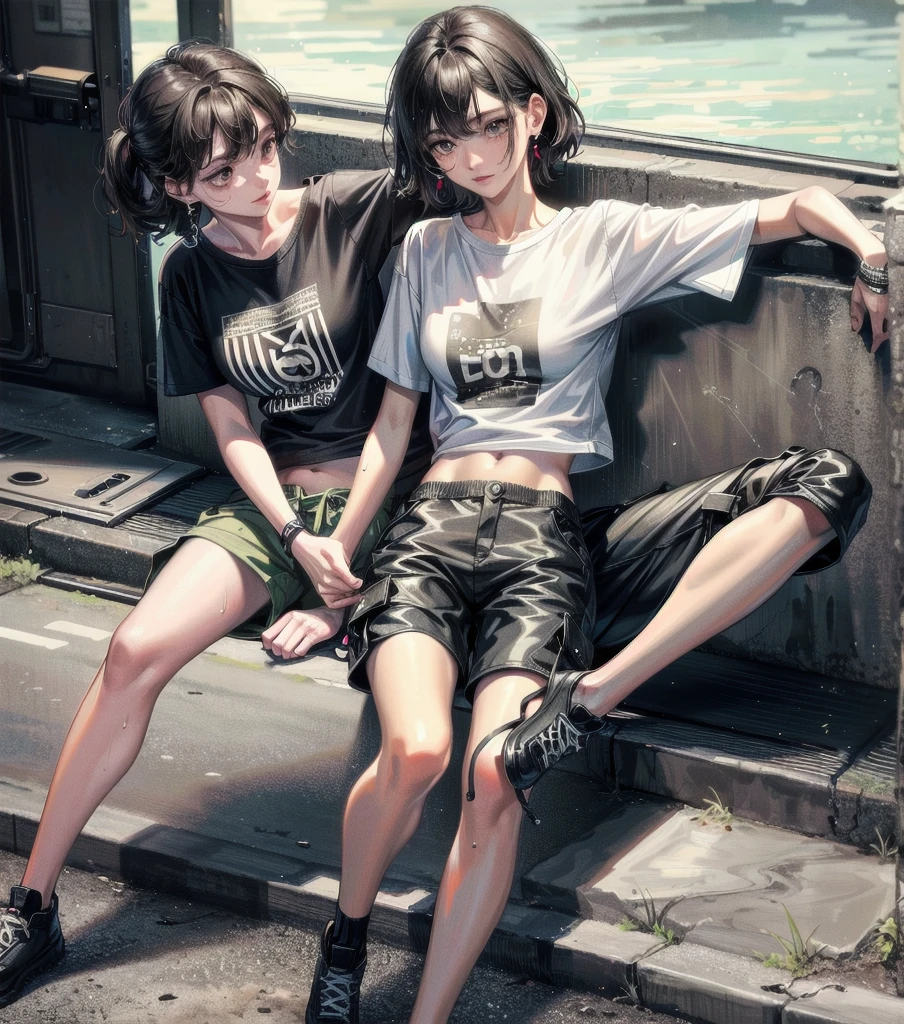 whole body, photorealistic, delicate facial features, medium tits, medium hair, black hair, tearful mole, earring, t-shirt, cargo pants, shorts, wet,