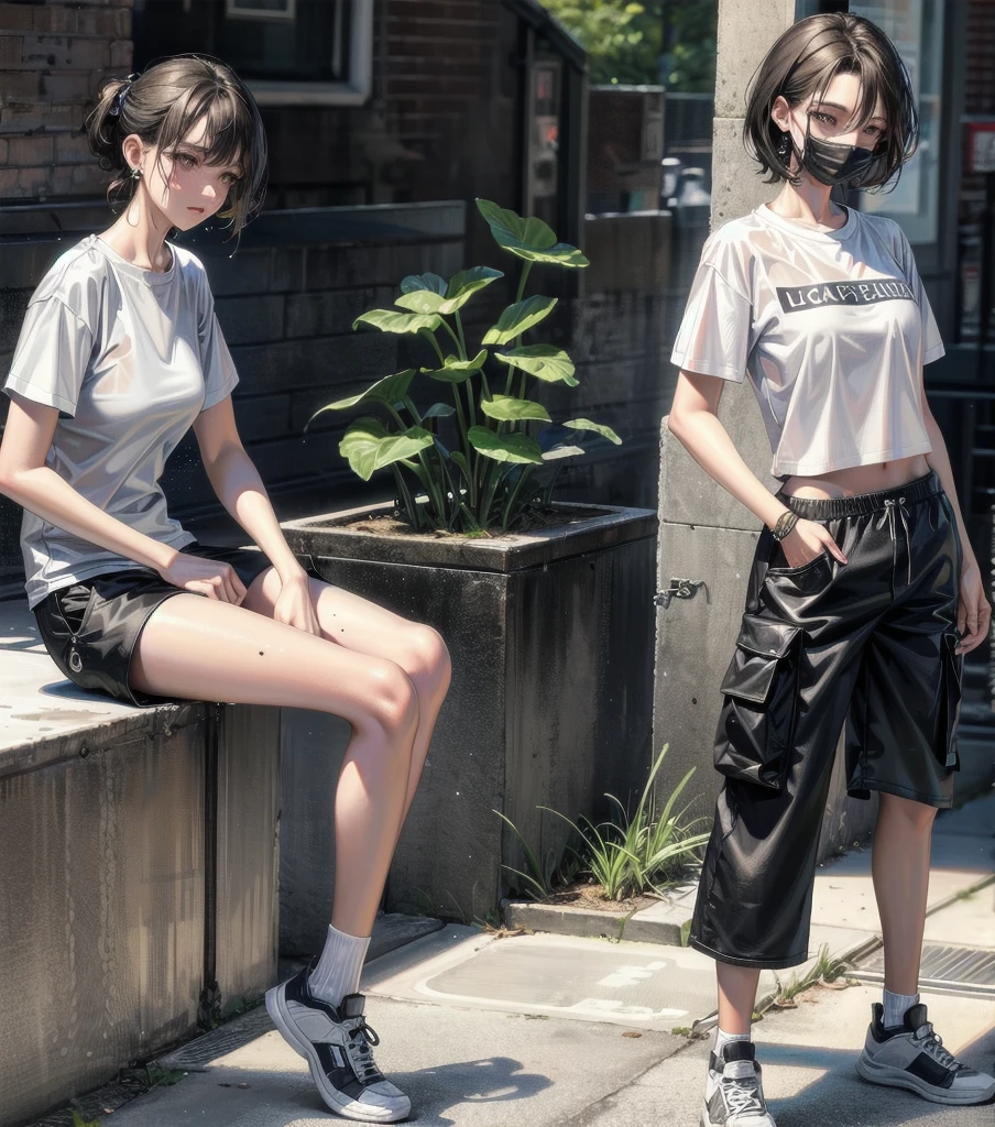 (8k:1.27), best quality, masterpiece, ultra highres:1.2), arrested lesbian goth delinquent girl with arm tattoos, tattooed girl, full body picture, blue oversized knotted prisoner t-shirt, short big sleeves, blue short inmate pants tied with a rope, dyed pink hair, short pink bob hairstyle, back pink bun, pink hair bangs, kneeling in a prison cell, handcuffed, hands tied with rope behind body, submissive neck choker and leash in neck, 4k or 8k picture, looking down sad, paisley bandana ribbon hairband, nose septum piercing, wearing dirty old clothes, smelly, barefoot, praying, rope hanging from ceiling