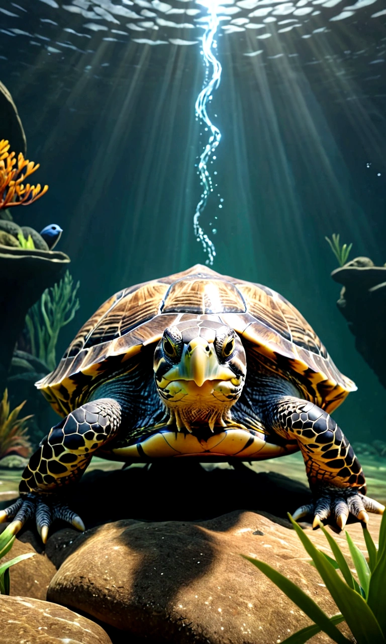 There is a creature at the bottom of the river,The head of the eagle,The body of a turtle and the tail of a snake,Full body view from the side,Mysterious Creatures, shrike, (best quality,4K,8K,High level,masterpiece:1.2),Ultra Detailed,(lifelike,Photo real,Photo real:1.37),Highly detailed animals,Complex patterns,Realistic lighting,Fantasy Creatures