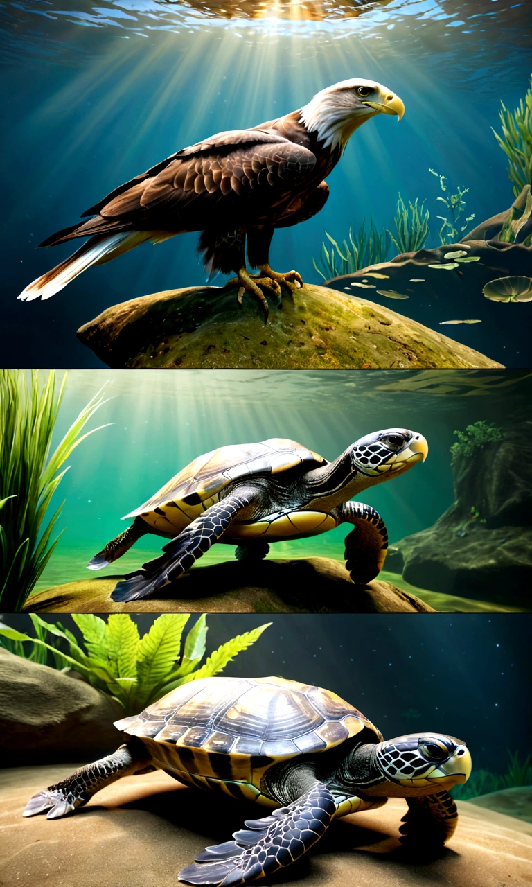 There is a creature at the bottom of the river,The head of the eagle,The body of a turtle and the tail of a snake,Full body view from the side,Mysterious Creatures, shrike, (best quality,4K,8K,High level,masterpiece:1.2),Ultra Detailed,(lifelike,Photo real,Photo real:1.37),Highly detailed animals,Complex patterns,Realistic lighting,Fantasy Creatures
