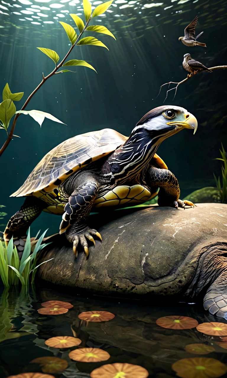 There is a creature at the bottom of the river，The head of the eagle，The body of a turtle and the tail of a snake，Full body view from the side，Mysterious Creatures, shrike, (best quality，4K，8K，High level，masterpiece：1.2），Ultra Detailed，（lifelike，Photo real，Photo real：1.37），Highly detailed animals，Complex patterns，Realistic lighting，Fantasy Creatures