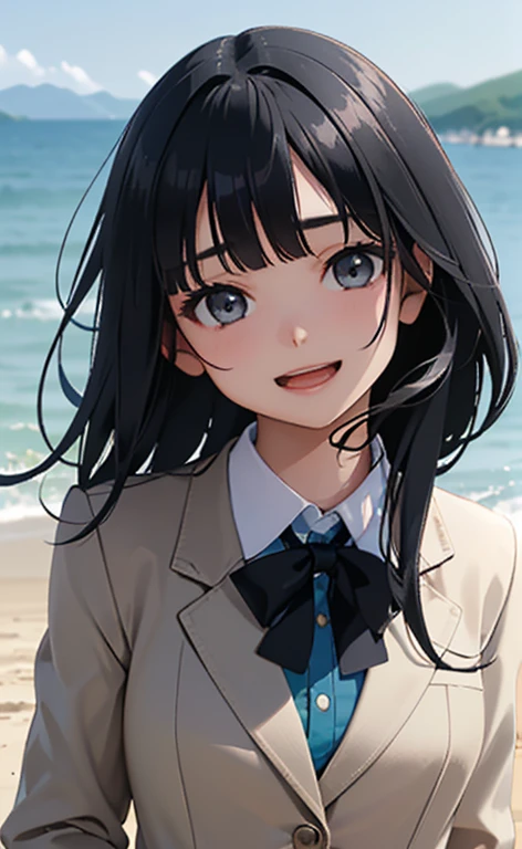 (Photorealistic:1.4)、(15-year-old:1.5),(masterpiece、spot light:1.2、Exquisite beautiful eye:1.5,portlate),(kind eyes、tareme:1.9),(Close-up of face:1.5,face focus:1.5)、(Cute Face、 3D Face)、(black hair:1.5)、(middle hair:1.5),(sidelock :1.5),(blunt bangs:1.3),(1 school girl)、(aqua eyes:1.2)、(upper body:1.5)、(Open mouth happy smile:1.5)、(Hair blowing sideways in the wind:1.4),(Hands in hair1.7)、,(Hands in hair1.7)(head tilt) ,(),(flat chest),(),(school blazer:1.5),(Park with an ocean view background:1.5)、()、()、Slim Body(),Shiny Hair、girl、zydG