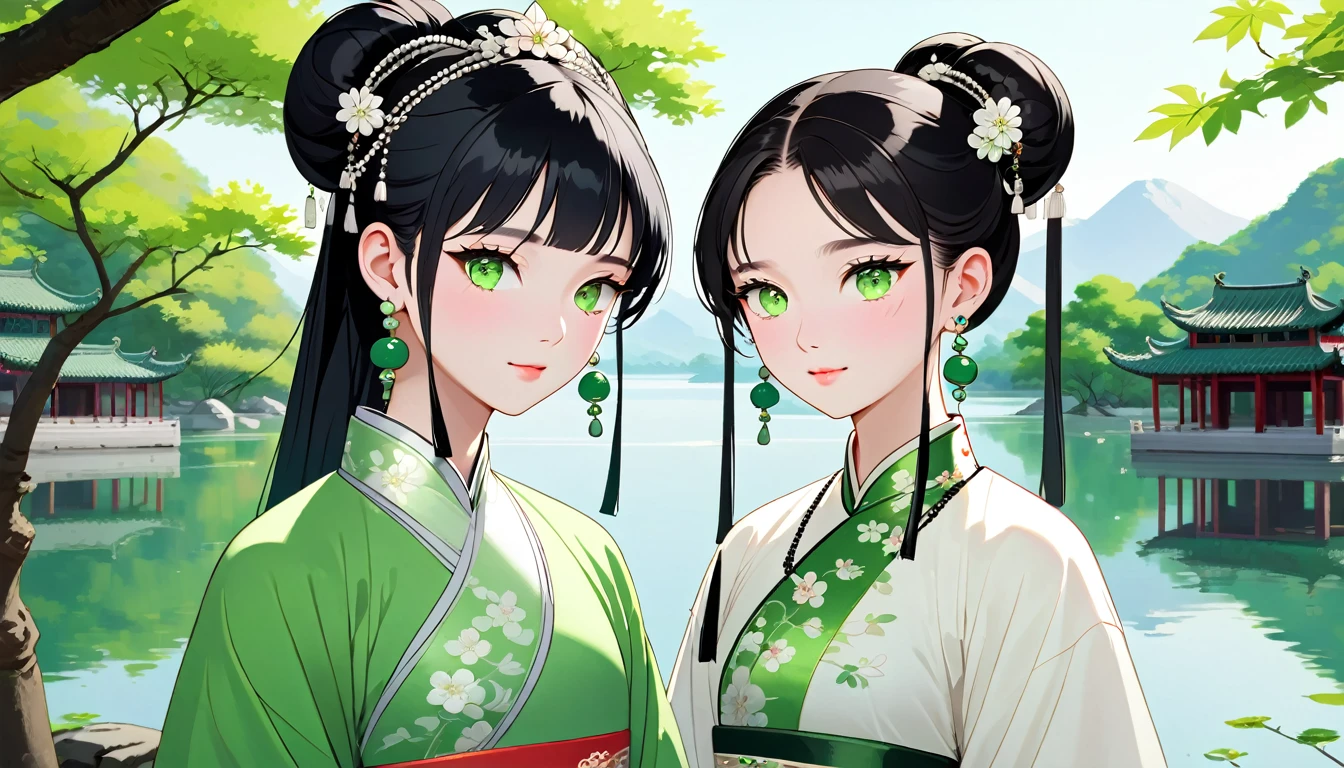 Two women,A young Chinese woman named Amy,Melon seed face,Fair complexion，eye color: black，Eyebrow: arc，Hair color: black，hairstyle: Straight Hair（High bun），headgear: White crown，earring: white earrings，Wearing white traditional Chinese clothing,decorate:white necklace.white bracelet。 A young Chinese woman named Eva,Oval face,Fair complexion，green eyes,波浪形black長髮，earring: green earrings，Wearing green traditional Chinese clothing,decorate:green necklace.green bracelet。Amy and Eva at the West Lake，enjoy the beautiful scenery。