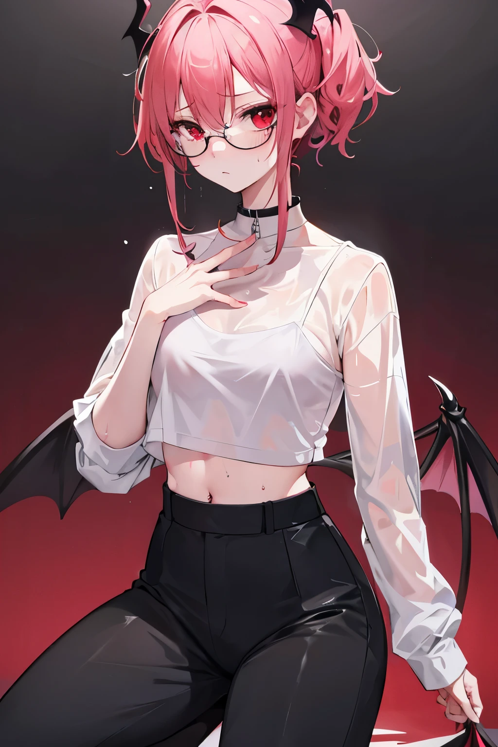 underdressing，Expression of disgust，Expression of disgust，Red Eyes，Sweat，Soaked，liquid，transparent，Cropped tops，succubus，pink，Glasses，trousers