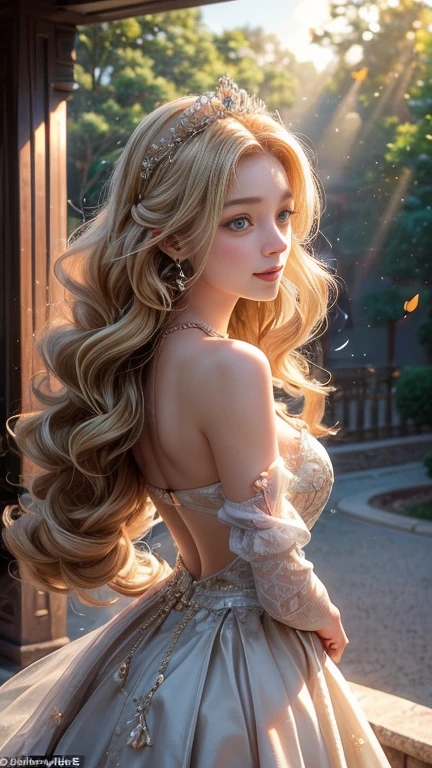 ((RAW shooting:1.5, realistic:1.5, 8K, highest quality, masterpiece, ultra high resolution)), Inside the luxurious British Royal Palace, professional camera work:1.3, Highly detailed skin and facial textures:1.3, glow light effect, Super detailed:1.3, cute 15 year old british princess, Fair skin, Glossy skin, (elegant:1.4, small face), Ultimate Cute Face:1.5, (cute eyes:0.9, looking far away), smile:1.0, (mouth is slightly open:0.4, Clean and refreshing taste:0.7), double eyelid, ((super long up blonde curly hair)), tiara, necklace and earrings, ((How to properly wear an elegant and shiny thong lingerie with an off-shoulder look)), big breasts, cowboy shot, ((sunrise, sunlight shining from behind:1.6, Strong sunlight spreads across the screen:1.6)), ((Strong sunlight shines on a woman:1.7)
