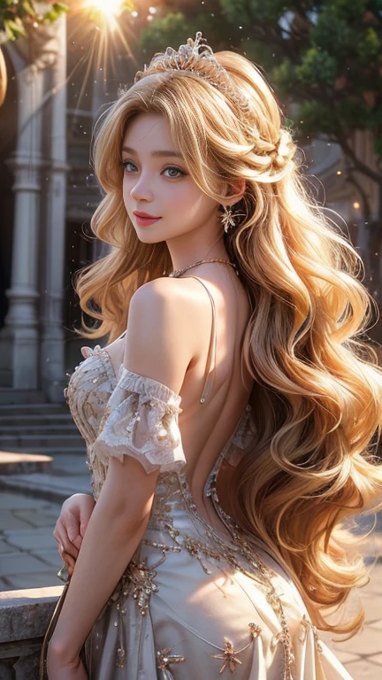 ((raw shot:1.5, realist:1.5, 8k, of the highest quality, Masterpiece, ultra high resolution)), Inside the luxurious British Royal Palace, Professional camera work:1.3, Highly detailed facial and skin textures.:1.3, glowing light effect, super detailed:1.3, cute 15 year old british princess, White skin, shiny skin, (elegant:1.4, small face), definitive beautiful face:1.5, (Cute eyes:0.9, looking away), SMILE:1.0, (the mouth is slightly open:0.4, Clean and refreshing taste.:0.7), double eyelid, ((super long blonde curly hair)), tiara, necklace and earrings, ((How to correctly wear elegant and shiny lingerie with an off-shoulder look)), big breasts, cowboy shot, ((sunrise, sunlight shining from behind:1.6, Strong sunlight spreads across the screen.:1.6)), ((Strong sunlight shines on a woman:1.7))(correa:1.5)