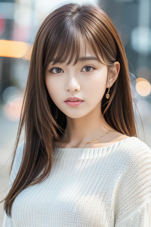 Ultra High Definition, Superior Quality, Premier Quality, ultra detailed, Photorealistic, 8k, RAW Photos, highest quality, masterpiece, Attractive girl, Stunning girl, Brown Hair, Shoulder Length Layered, asymmetrical bangs, K-pop Idol, Sophisticated, Stylish, white knit, Shibuya,