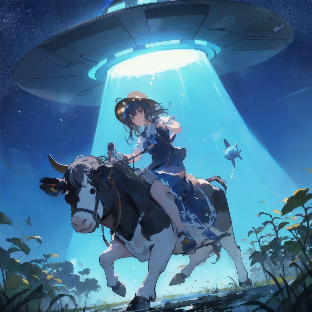 A primary school girl riding a cow in a field with a spaceship floating overhead, Frightened face,Cartoon cow,UFO napping, In the alien steppe, Cowgirl, SF Farm, Makoto Shinkai Cyril Rolland, flying cow, Alien abduction, Background Art, Goro Fujita, Official Fan Art, シリル・ロランドとGoro Fujita, Floating Agricultural Sphere