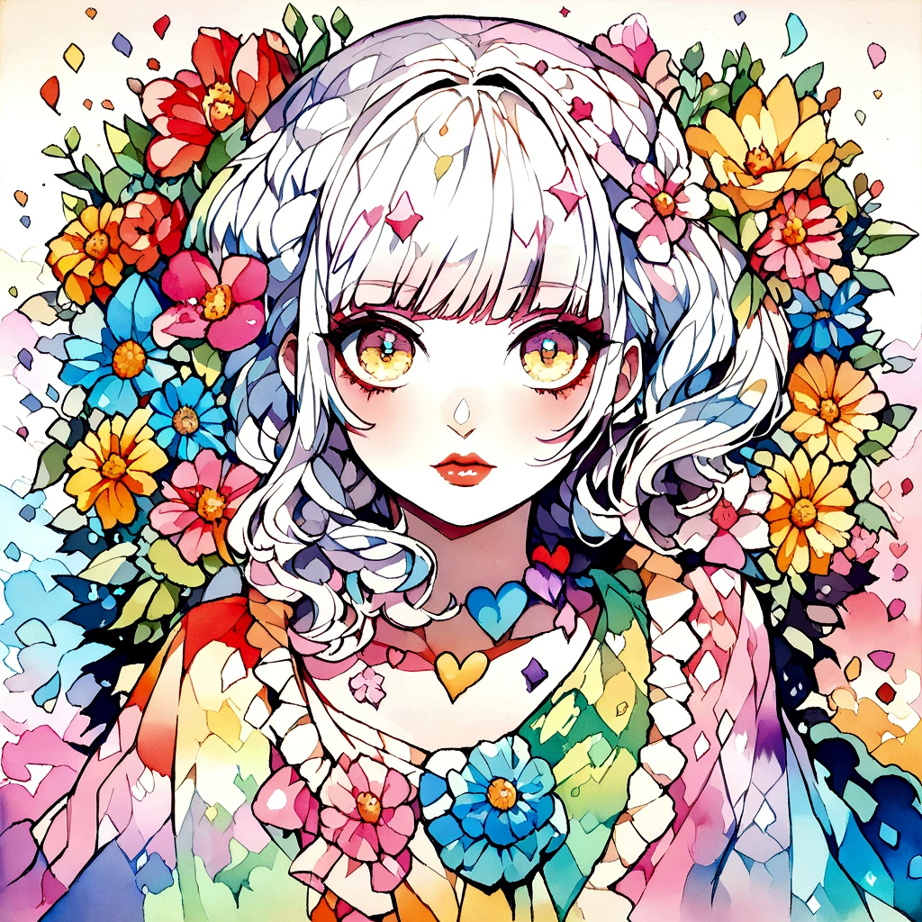Nagato Kasuya Style、(((stylish fashion))), 8K Quality、Intense watercolor, Detailed watercolor art, Watercolor splash, Surreal, avant-garde pop art, Beautiful and expressive paintings, Beautiful artwork illustration, Very colorful tones, wonderful, Cool beauty, highest quality、Official Art, Vector art, Stylish design, (((The most beautiful girl))), (((highest quality))), HDR, ((detailed)), (((Doodle Art)), ((masterpiece)), ((Super detailed)), (((Colorful flowers))), colorful hearts, (((Stylish))), Lips in love