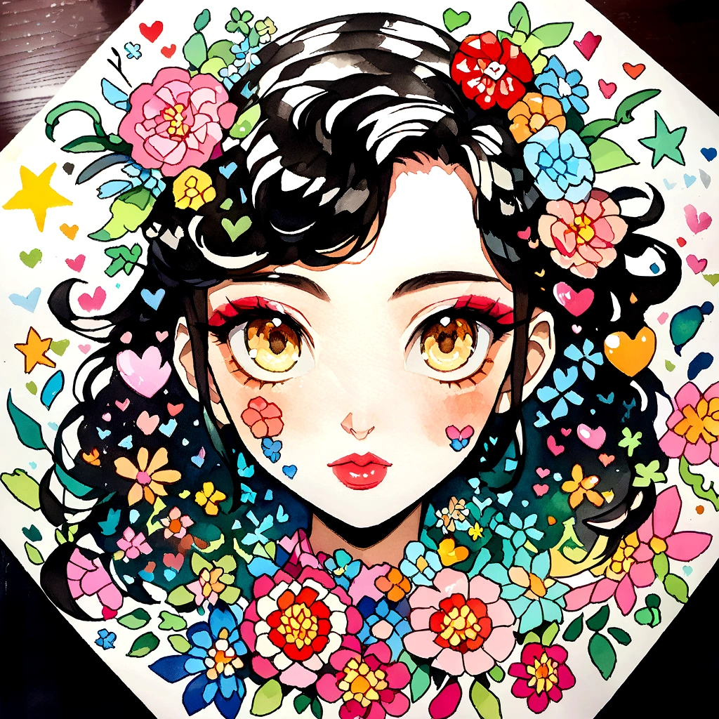 Nagato Kasuya Style、(((stylish fashion))), 8K Quality、Intense watercolor, Detailed watercolor art, Watercolor splash, Surreal, avant-garde pop art, Beautiful and expressive paintings, Beautiful artwork illustration, Very colorful tones, wonderful, Cool beauty, highest quality、Official Art, Vector art, Stylish design, (((The most beautiful girl))), (((highest quality))), HDR, ((detailed)), (((Doodle Art)), ((masterpiece)), ((Super detailed)), (((Colorful flowers))), colorful hearts, (((Stylish))), Lips in love