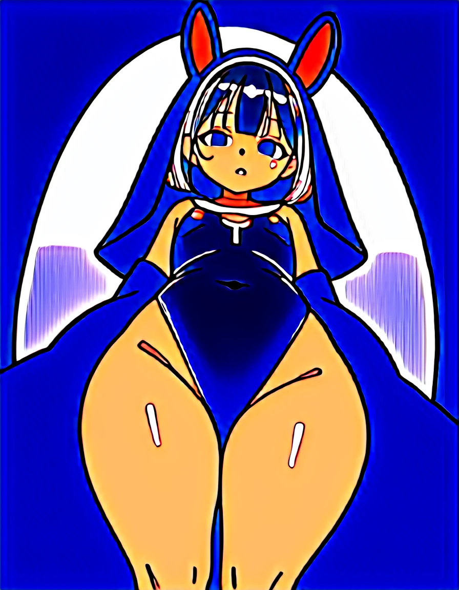 (masterpiece), (best quality), ((ultra-detailed)), (high resolution), (an extremely delicate and beautiful, super fine illustration), official art, BREAK (1girl), (:1.5), (tiny girl:1.7), (5yo)lat chest:1.4), Plump, (Thick thighs:1.5), (big ass:1.5), erect nipples, Huge areola, large nipples, (long nipples:1.8), erect nipples, oily skin, BREAK droopy eyes, emerald blue eyes, (bad mood:1.3), (clear face:1.3), (half closed eyes:1.4), BREAK bob cut, tired hair, messy hair, Black hair color, girl wearing round black glasses, BREAK (nun:1.3), (leotard), (bunny girl:1.4), BREAK open legs, BREAK (Sweat:1.3), steam, humid, BREAK (sofa), BREAK (dynamic angle:1.4),