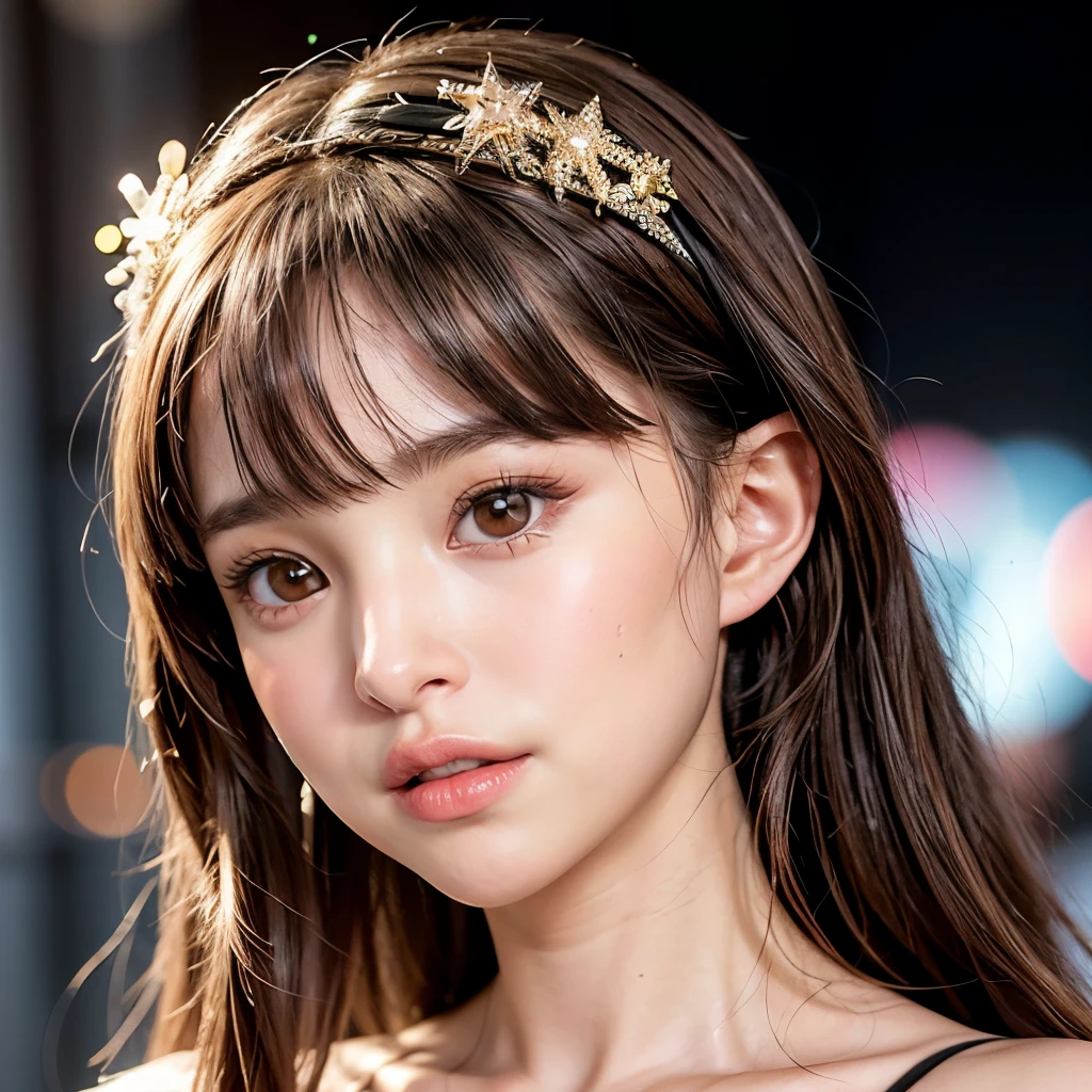 NSFW, 8k, High-level, absurd, masterpiece, best quality, primitive, very detailed CG, very detailed wallpaper, perfect lighting, Extremely detailed (((The personifying " Natalie Portman as Mathilda Lando " as a  Girl))), MysticSight, Tyndall effect, Tyndall scattering, Studio gray background with (many Dazzling RainbowColor particles BokeH:1.28), (RoundlyButts, ThighGap), (Exposed:0.4), (Assfocus with looking ahead), BREAK (NOGIZAKA face variations) Extremely Detailed very KAWAII face variations, perfect anatomy, Childish, captivating gaze, elaborate detailed Eyes with (sparkling highlights:1.28), long eyelashes、Glossy RED Lips with beautiful details, Coquettish tongue, Rosy cheeks, Radiant PearlSkin with clear transparency . { (Dynamic LifeLike expressions:1.4) | :d) }, (large eyes:-1) .