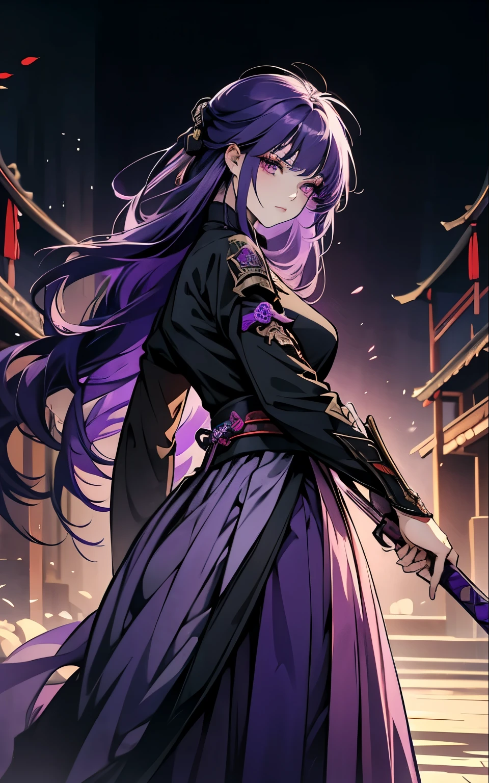 1 women, Raiden Shogun - genshin impact, long purple hair, violet eyes, violet chinese clothes, ultra long skirt, Fight, battle, blood, weapon, sword