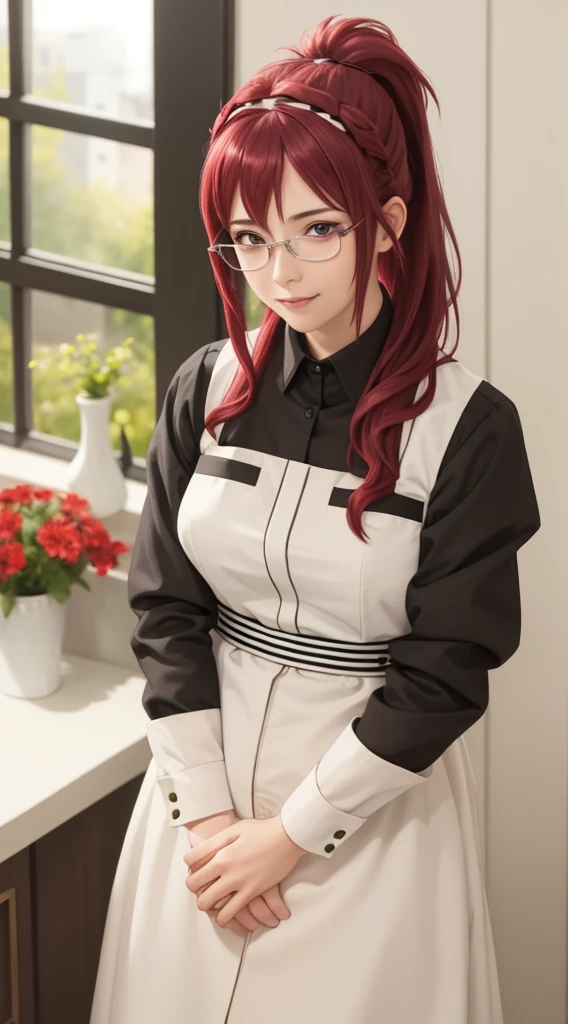 best quality, (masterpiece:1.2), detailed,
1girl, solo, closed mouth, smile,
ponytail, long hair, red hair, purple eyes, glasses,
maid headdress, maid, long sleeves, collared shirt, black shirt, maid apron
standing, looking at the viewer,
indoors, window, perfect finger,pregnant