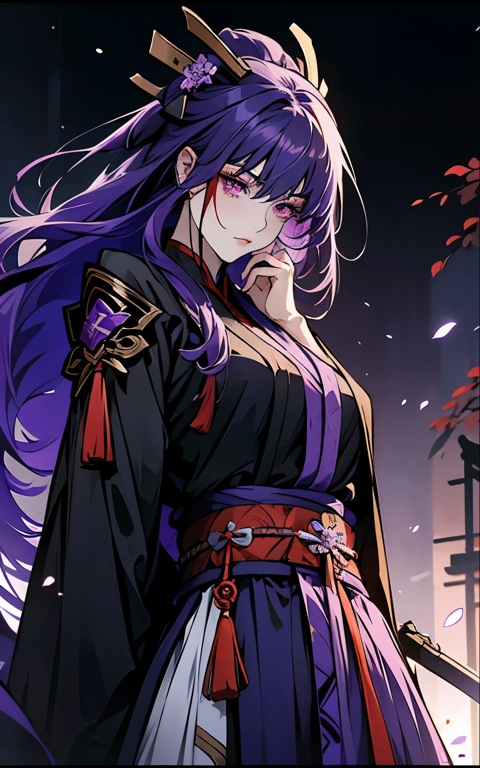 1 women, Raiden Shogun - genshin impact, long purple hair, violet eyes, violet chinese clothes, ultra long skirt, Fight, battle, blood, weapon, sword