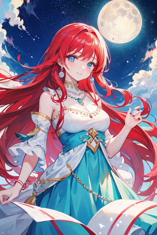 Tafah, Best quality, 1girl, Red hair, long hair, smiling, wearing a light blue dress, white threads, and blue eyes , Looking at the viewer, The sky is full of stars, the moon, a pearl necklace of tears, long and beautiful jewelry, and a beautiful face