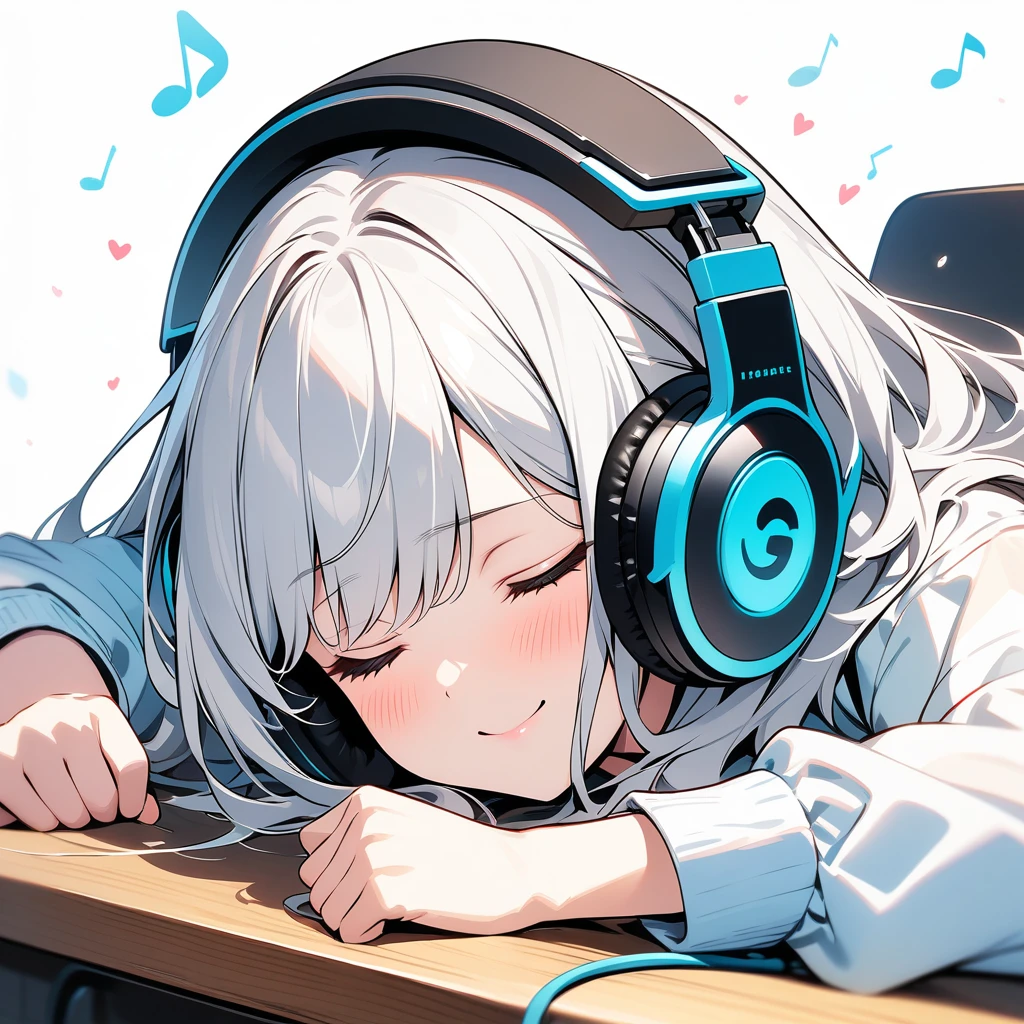(best quality, masterpiece, ultra high-resolution, ultra-detailed: 1.2), An illustration of quarter note and eighth note symbols popping out of headphones. Picture the musical-note-symbols spilling out of your headphones and spreading out all around you.keep the background simple so the notes stand out, and give the overall pop and energetic feel.
BREAK.A girl sleeping face down on a desk,Close-up ,smiling,(closed eyes),big headphones,
white background,shiny skin,pale skin,
