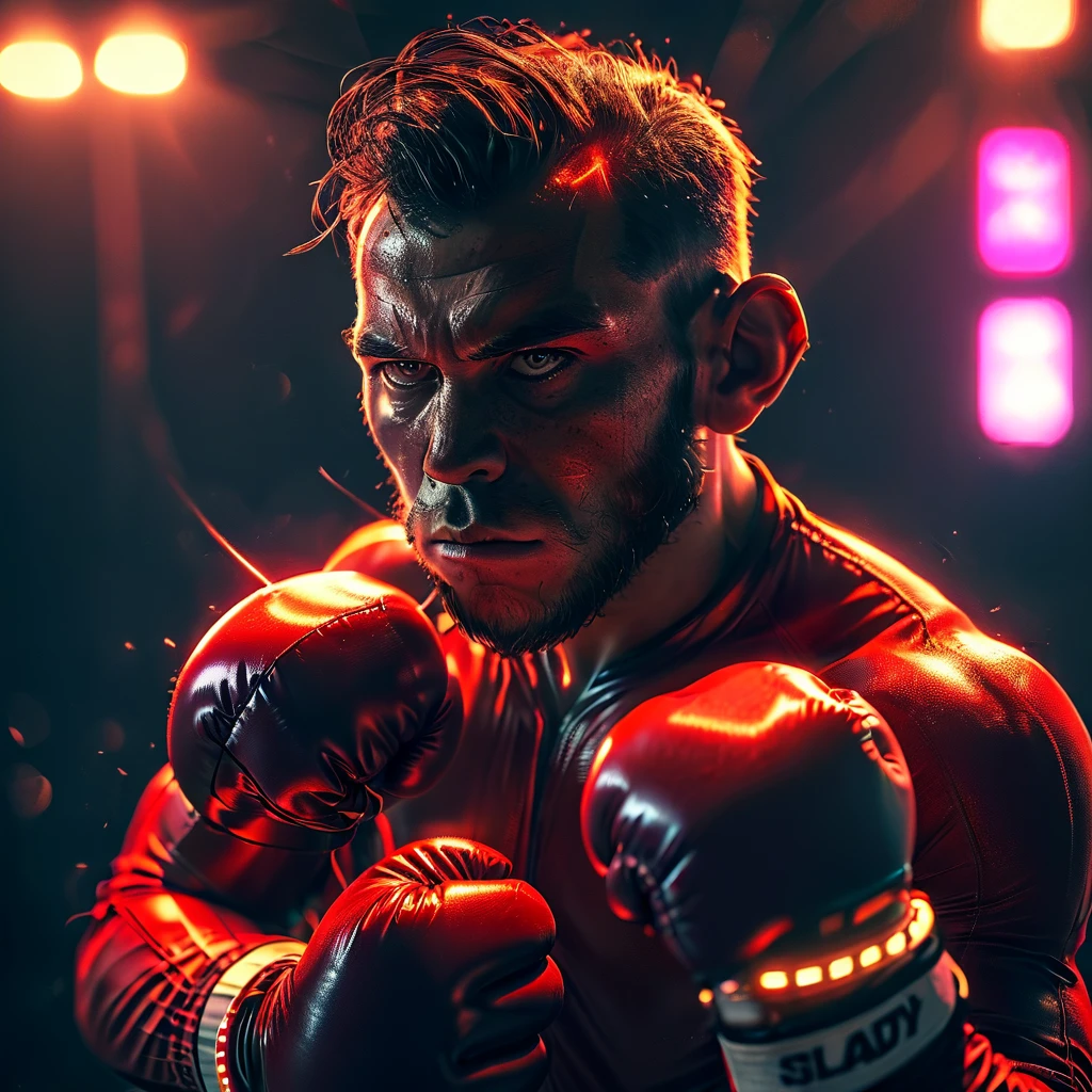 boxing match, young ape, with hands in the ears, gangster style, serious expression, neon glow, dark background, gloomy
