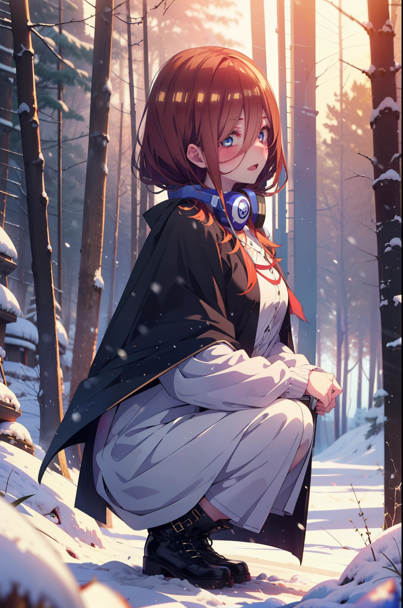 miku nakano, miku nakano, Long Hair, bangs, Brown Hair, shirt, Hair between the eyes, cardigan, Headphones around the neck,smile,blush,White Breath,
Open your mouth,snow,Ground bonfire, Outdoor, boots, snowing, From the side, wood, suitcase, Cape, Blurred, Increase your meals, forest, White handbag, nature, Squat, Mouth closed, フードed Cape, winter, Written boundary depth, Black shoes, red Cape break looking at viewer, Upper Body, whole body, break Outdoor, forest, nature, break (masterpiece:1.2), Highest quality, High resolution, unity 8k wallpaper, (shape:0.8), (Beautiful and beautiful eyes:1.6), Highly detailed face, Perfect lighting, Highly detailed CG, (Perfect hands, Perfect Anatomy),