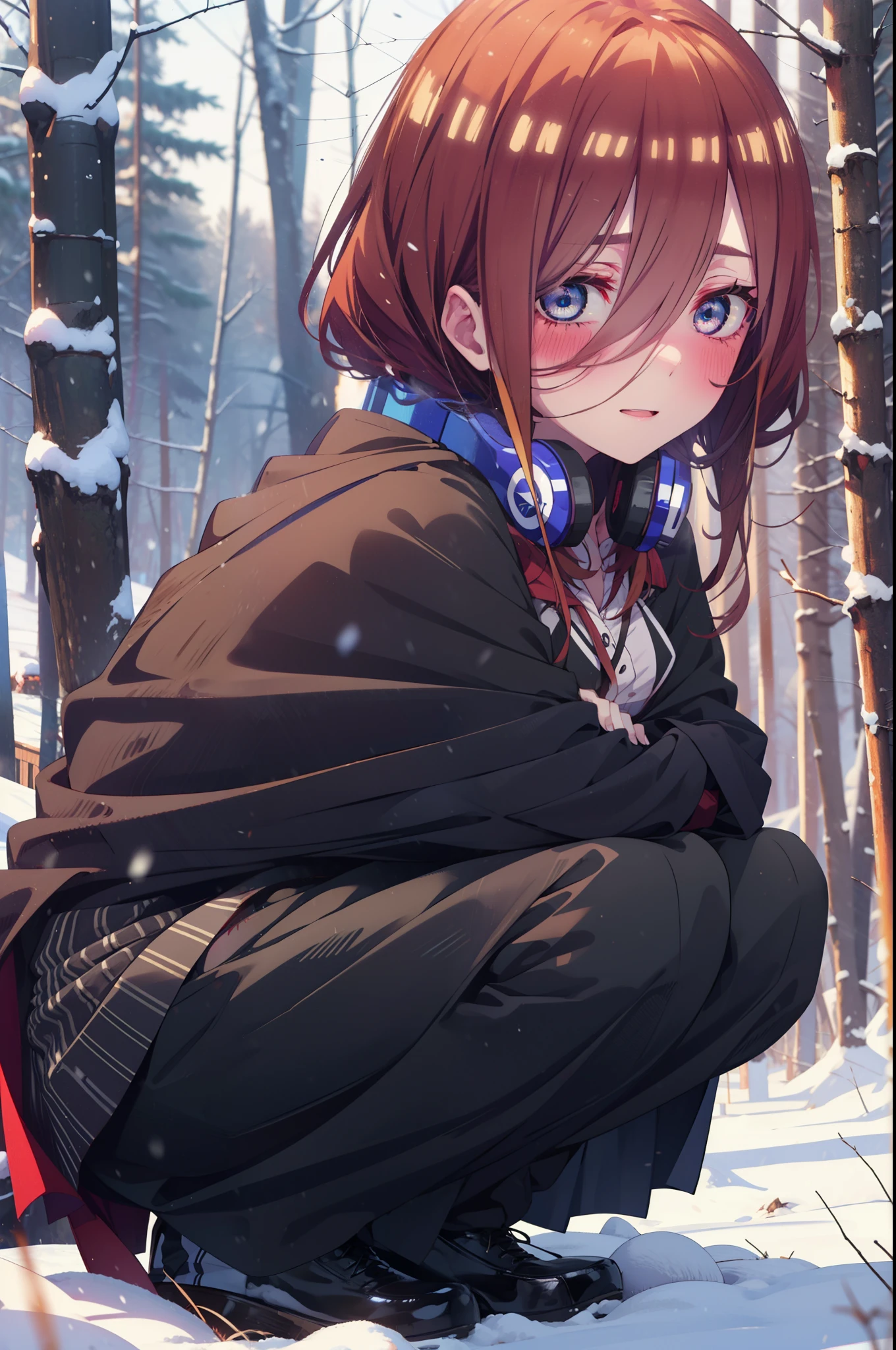 miku nakano, miku nakano, Long Hair, bangs, Brown Hair, shirt, Hair between the eyes, cardigan, Headphones around the neck,smile,blush,White Breath,
Open your mouth,snow,Ground bonfire, Outdoor, boots, snowing, From the side, wood, suitcase, Cape, Blurred, Increase your meals, forest, White handbag, nature, Squat, Mouth closed, フードed Cape, winter, Written boundary depth, Black shoes, red Cape break looking at viewer, Upper Body, whole body, break Outdoor, forest, nature, break (masterpiece:1.2), Highest quality, High resolution, unity 8k wallpaper, (shape:0.8), (Beautiful and beautiful eyes:1.6), Highly detailed face, Perfect lighting, Highly detailed CG, (Perfect hands, Perfect Anatomy),