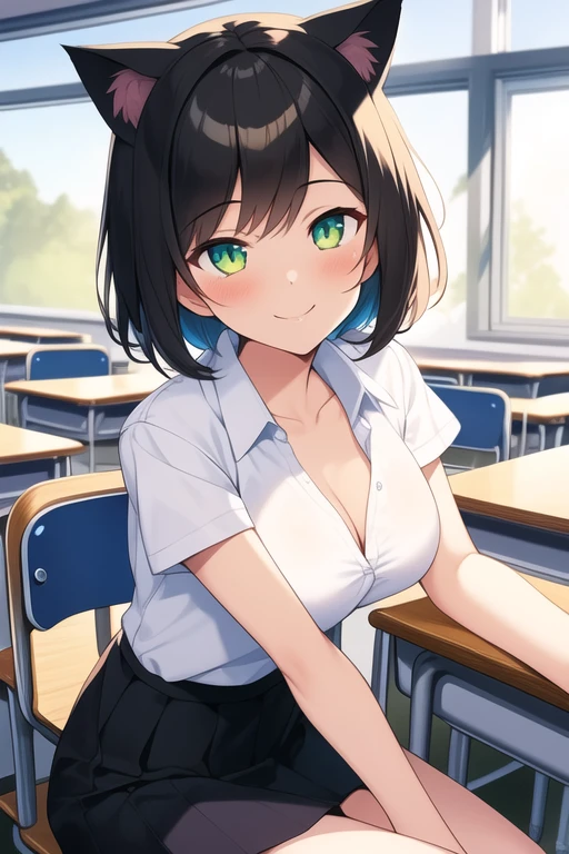 ((best quality)), ((masterpiece)), (detailed), 1girl, medium sized breasts, feminine short hair, black hair, gorgeous women, cat ears, cat tail, green eyes, vertical slit pupils, white shirt, black skirt, classroom background, teacher desk, sitting on teacher desk, smiling expression, wide shot, full body, sports bra