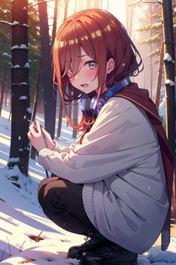 miku nakano, miku nakano, Long Hair, bangs, Brown Hair, shirt, Hair between the eyes, cardigan, Headphones around the neck,smile,blush,White Breath,
Open your mouth,snow,Ground bonfire, Outdoor, boots, snowing, From the side, wood, suitcase, Cape, Blurred, Increase your meals, forest, White handbag, nature, Squat, Mouth closed, フードed Cape, winter, Written boundary depth, Black shoes, red Cape break looking at viewer, Upper Body, whole body, break Outdoor, forest, nature, break (masterpiece:1.2), Highest quality, High resolution, unity 8k wallpaper, (shape:0.8), (Beautiful and beautiful eyes:1.6), Highly detailed face, Perfect lighting, Highly detailed CG, (Perfect hands, Perfect Anatomy),