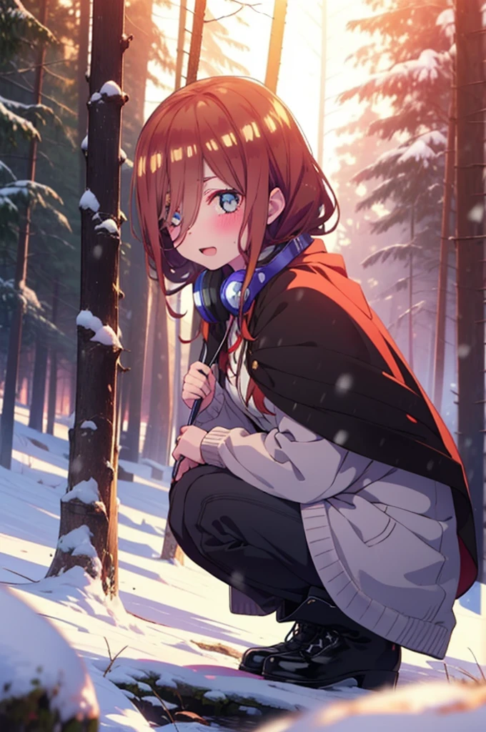 miku nakano, miku nakano, Long Hair, bangs, Brown Hair, shirt, Hair between the eyes, cardigan, Headphones around the neck,smile,blush,White Breath,
Open your mouth,snow,Ground bonfire, Outdoor, boots, snowing, From the side, wood, suitcase, Cape, Blurred, Increase your meals, forest, White handbag, nature, Squat, Mouth closed, フードed Cape, winter, Written boundary depth, Black shoes, red Cape break looking at viewer, Upper Body, whole body, break Outdoor, forest, nature, break (masterpiece:1.2), Highest quality, High resolution, unity 8k wallpaper, (shape:0.8), (Beautiful and beautiful eyes:1.6), Highly detailed face, Perfect lighting, Highly detailed CG, (Perfect hands, Perfect Anatomy),