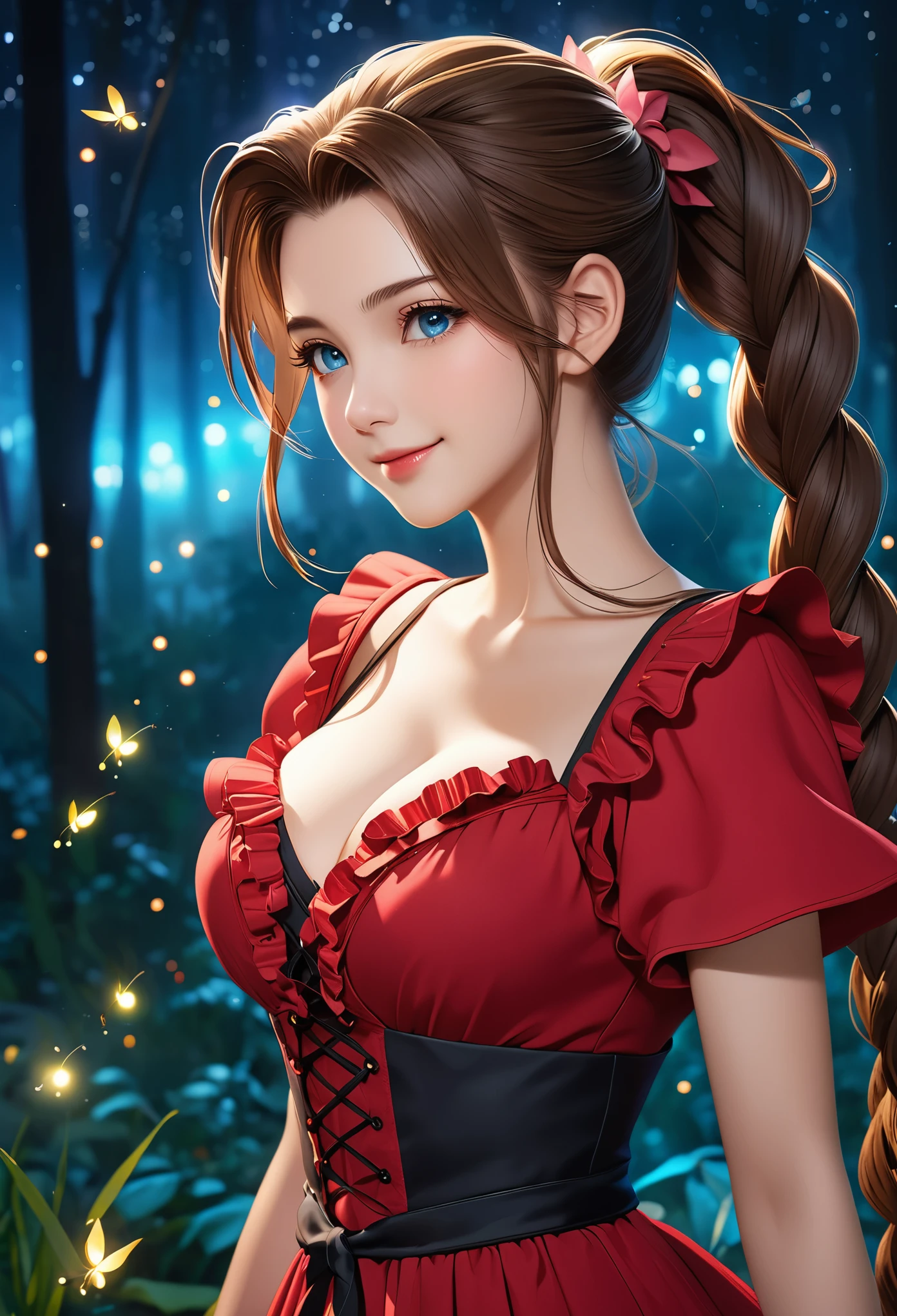 (((masterpiece))),((Highest quality)),Beautiful girl, Aerith, Sexy witch, bangs、(Long Hair, Braided ponytail:1.5)、(((healthy shaped body, huge firm bouncing bust, Deep cleavage)))、23 years old、Translucent white skin, Clear blue eyes, Sparkling sweat, (Gorgeous intricately structured red ruffle dress:1.5)、Japanese girl、 Beautiful digital artwork, Beautiful fantasy art, dynamic sely poses, A kind smile, Mysterious Background, Aura, A gentle gaze, BREAK, Small faint lights and flying fireflies, night, lanthanum,