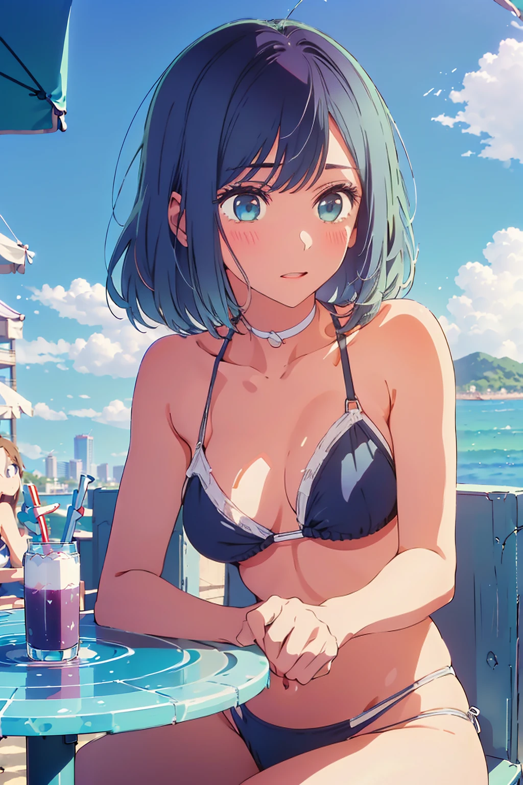 (Highest quality:1.4、8K:1.4、detailed)、F cup bust、Big Breasts、Slim body、Very white beautiful skin、((((1 person、Surprised expression、sit、Chair、In the background are the urban buildings of Tokyo、looking at the camera、Outdoor café terrace、coastal、Navy hair color、juice、White side string high leg bikini、Shooting up close、table、Very cute face))))、(Pose of putting hair behind ears with hands:1.4、Bikini straps come off:1.2)、Very blue sky、A completely cloudless sky