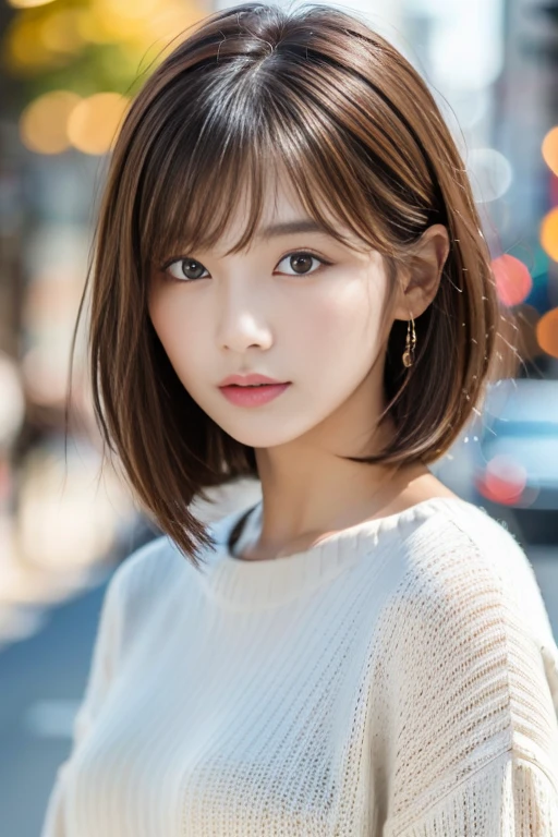 Ultra High Definition, Superior Quality, Premier Quality, ultra detailed, Photorealistic, 8k, RAW Photos, highest quality, masterpiece, Attractive girl, Stunning girl, Brown Hair, Shoulder Length Layered, asymmetrical bangs, K-pop Idol, Sophisticated, Stylish, white knit, Shibuya, 