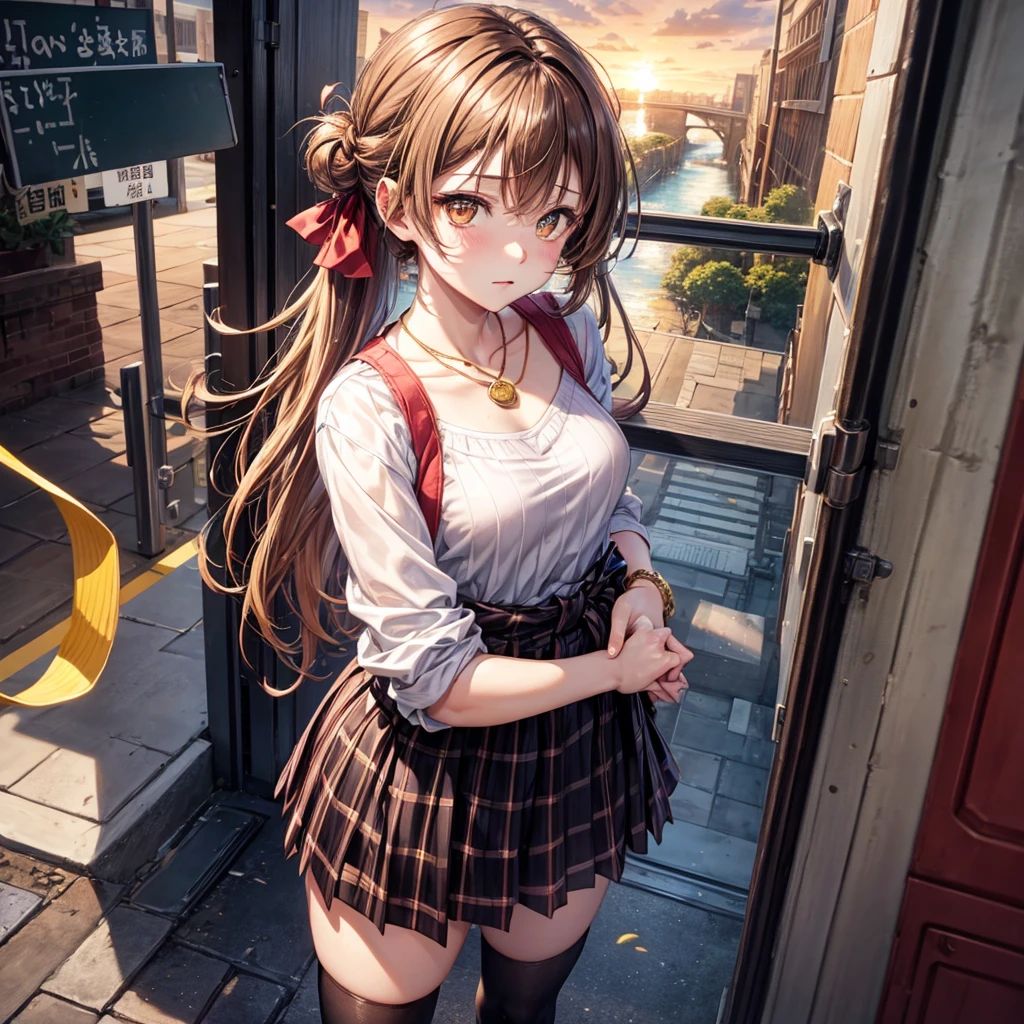 Red, brown, gold, gold hair、Golden Eyes、Hair tied up、One good looking girl、solo、anime、Checkered mini skirt、Ruffles on the skirt、camisole、camisole、Lightweight cardigan、Black knee-high socks、Wearing a baseball cap、Ribbon、Ribbon on waist、Teeth are visible、Sunset sky、Cumulonimbus、Silver coin necklace、shine、From above、Sparks are flying、tunnel、Cobblestones、Hands in pockets、waterfall、Torrent