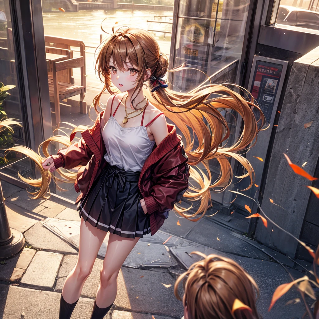 Red, brown, gold, gold hair、Golden Eyes、Hair tied up、One good looking girl、solo、anime、Checkered mini skirt、Ruffles on the skirt、camisole、camisole、Lightweight cardigan、Black knee-high socks、Wearing a baseball cap、Ribbon、Ribbon on waist、Teeth are visible、Sunset sky、Cumulonimbus、Silver coin necklace、shine、From above、Sparks are flying、tunnel、Cobblestones、Hands in pockets、waterfall、Torrent