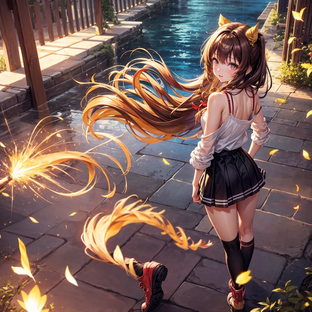 Red, brown, gold, gold hair、Golden Eyes、Hair tied up、One good looking girl、solo、anime、Checkered mini skirt、Ruffles on the skirt、camisole、camisole、Lightweight cardigan、Black knee-high socks、Wearing a baseball cap、Ribbon、Ribbon on waist、Teeth are visible、Sunset sky、Cumulonimbus、Silver coin necklace、shine、From above、Sparks are flying、tunnel、Cobblestones、Hands in pockets、waterfall、Torrent