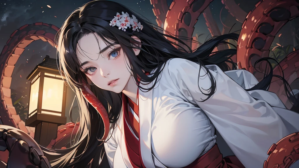 (perfect anatomy:1.2)(absurdres, highres, ultra detailed),masterpiece,best quality,high resolution,8K,Realistic face,Realistic skin texture,magnified textures, stunning clarity,(1 girl),detailed anime girl,japanese lowteen girl,ultra detailed eyes and face,(black hair),long hair,creepy swamp,mysterious eyes,midnight,(tentacles in the background),(Tentacles entwined around the body1.1),pale skin,Japanese shrine maiden, ,(white kimono),(red hakama) thin body type,big breasts,(expressionless:1.2),from front,upper body,,Daytime